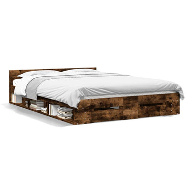 Bed Frame With Drawers Smoked Oak 150X200 Cm King Size Engineered Wood