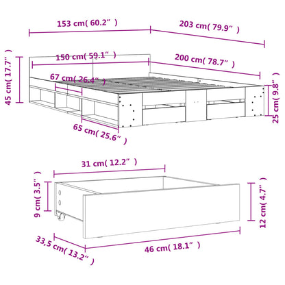 Bed Frame With Drawers Grey Sonoma 150X200 Cm King Size Engineered Wood