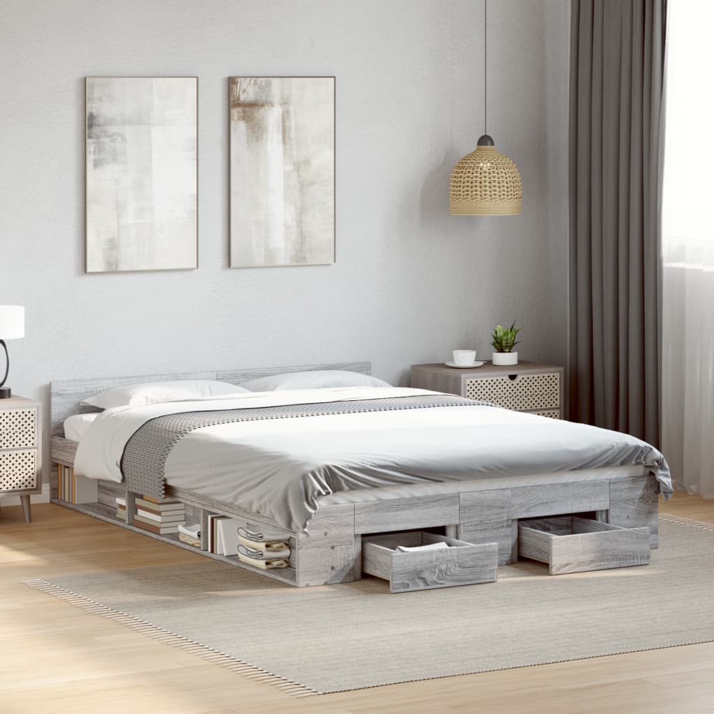 Bed Frame With Drawers Grey Sonoma 150X200 Cm King Size Engineered Wood