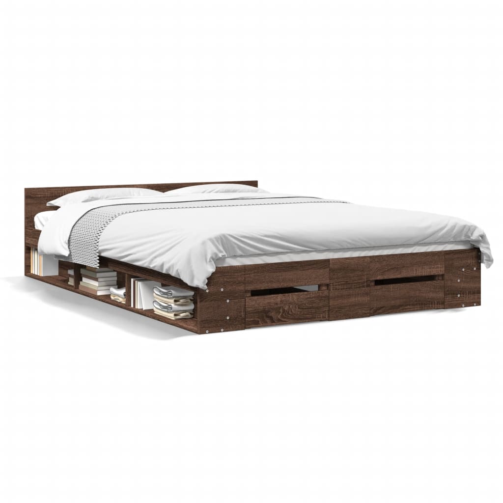 Bed Frame With Drawers Brown Oak 150X200 Cm King Size Engineered Wood