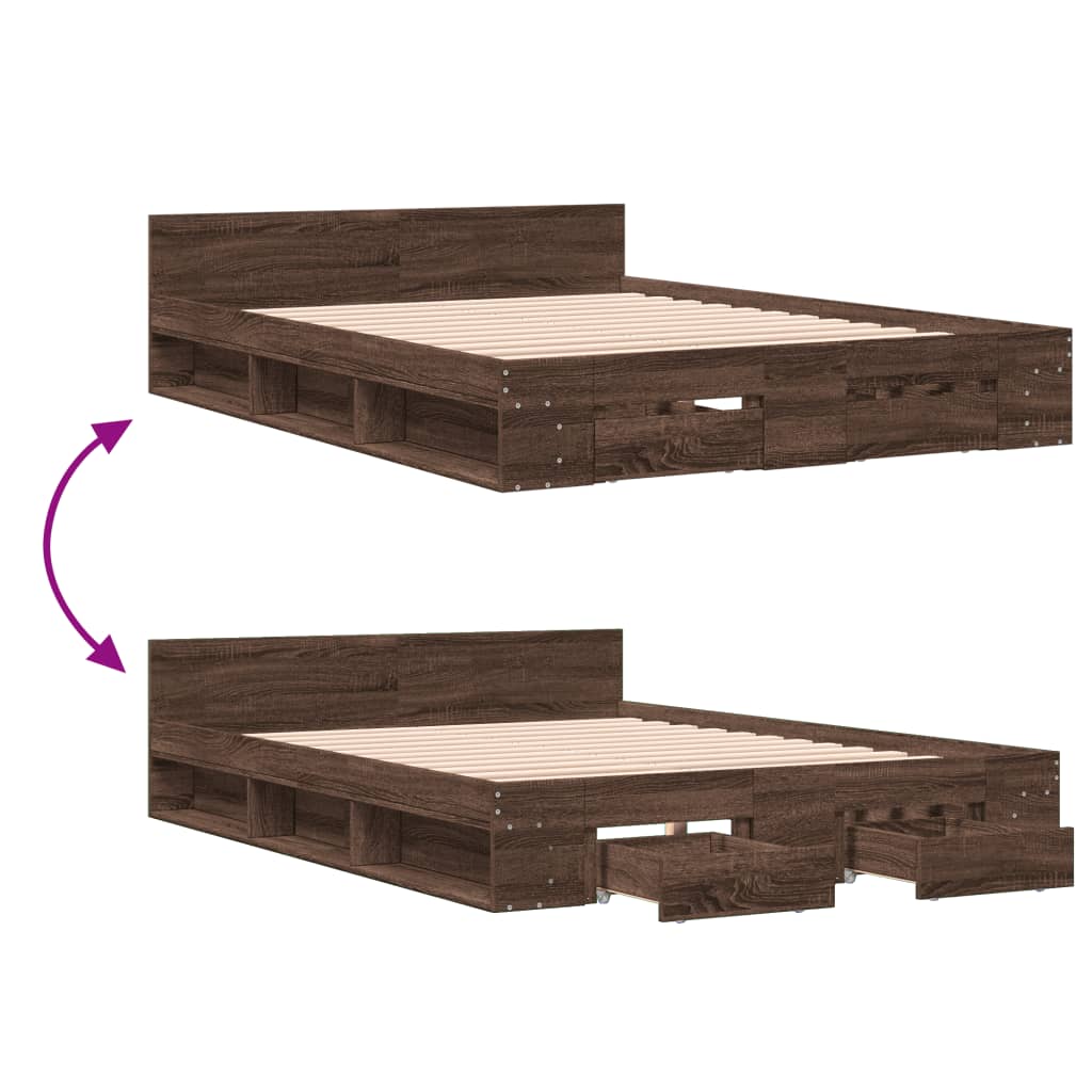 Bed Frame With Drawers Brown Oak 150X200 Cm King Size Engineered Wood