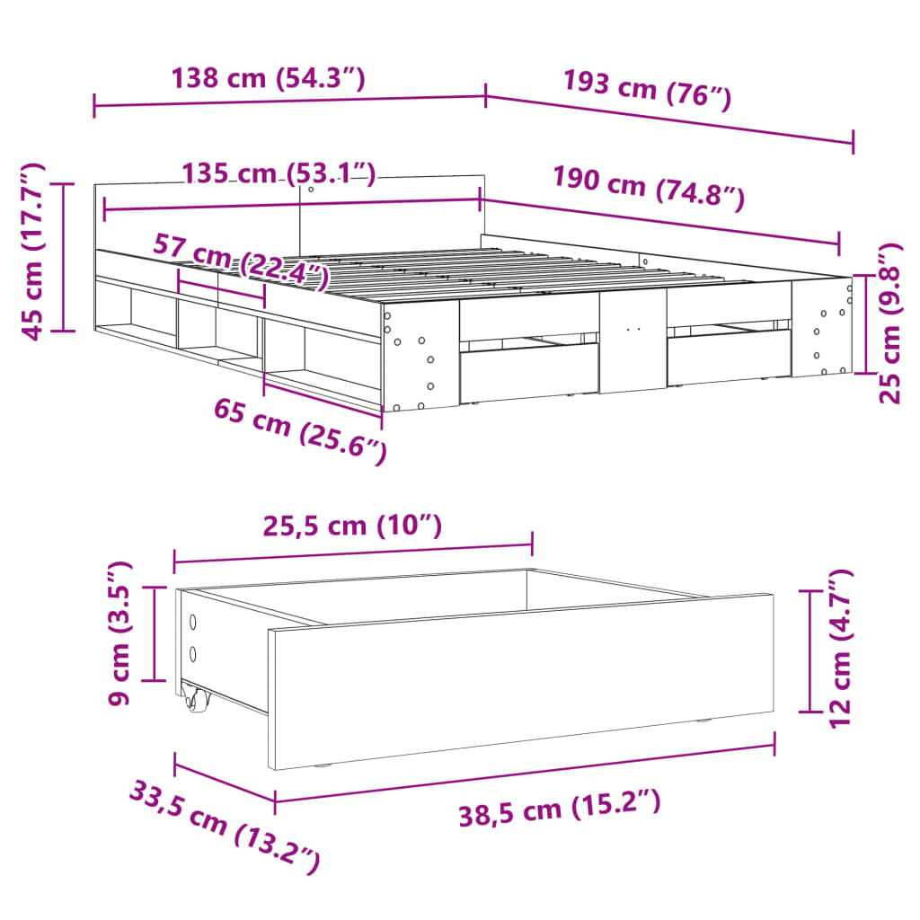 Bed Frame With Drawers Black 135X190 Cm Double Engineered Wood