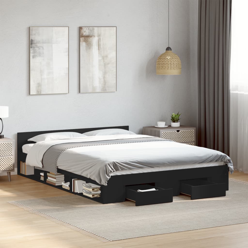 Bed Frame With Drawers Black 135X190 Cm Double Engineered Wood