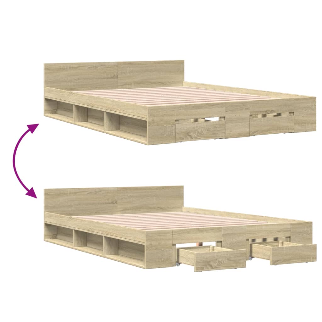 Bed Frame With Drawers Sonoma Oak 135X190 Cm Double Engineered Wood