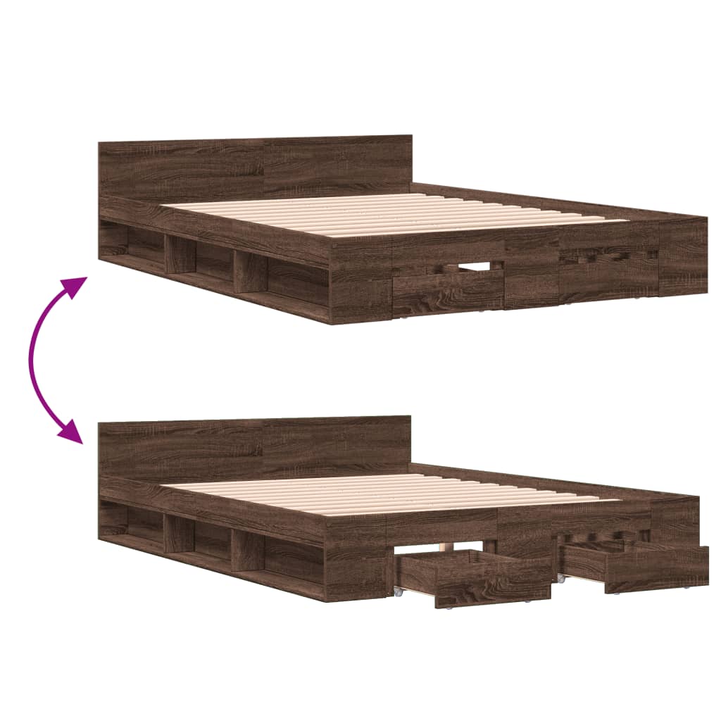 Bed Frame With Drawers Brown Oak 135X190 Cm Double Engineered Wood