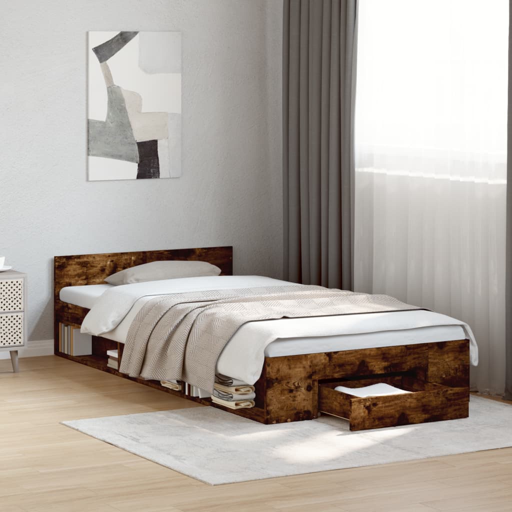 Bed Frame With Drawer Smoked Oak 90X190 Cm Single Engineered Wood