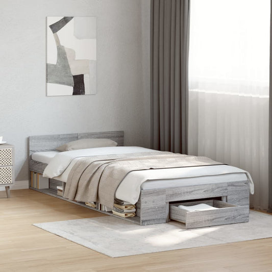 Bed Frame With Drawer Grey Sonoma 90X190 Cm Single Engineered Wood