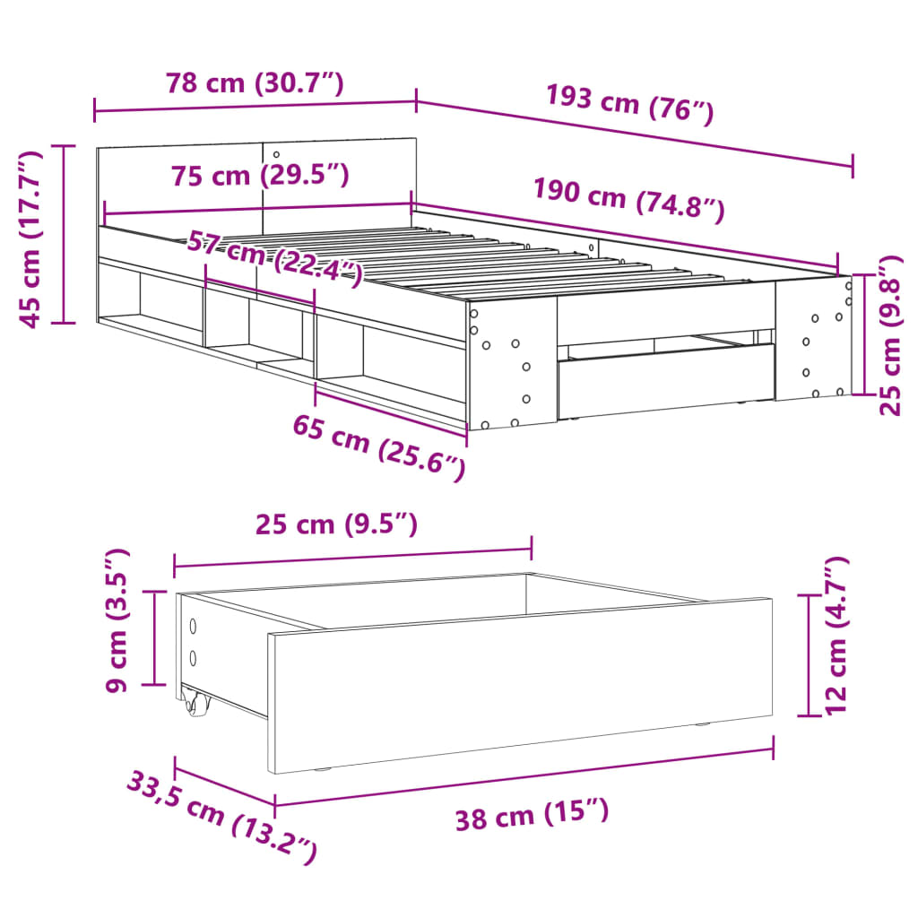 Bed Frame With Drawer White 75X190 Cm Small Single Engineered Wood