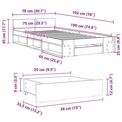 Bed Frame With Drawer White 75X190 Cm Small Single Engineered Wood