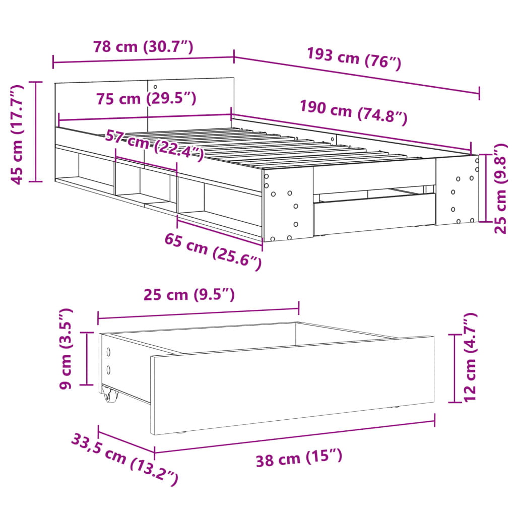 Bed Frame With Drawer Sonoma Oak 75X190 Cm Small Single Engineered Wood