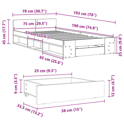 Bed Frame With Drawer Sonoma Oak 75X190 Cm Small Single Engineered Wood