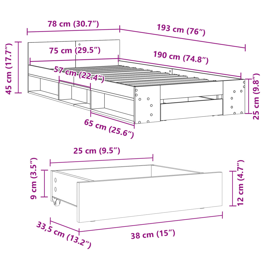 Bed Frame With Drawer Concrete Grey 75X190 Cm Small Single Engineered Wood