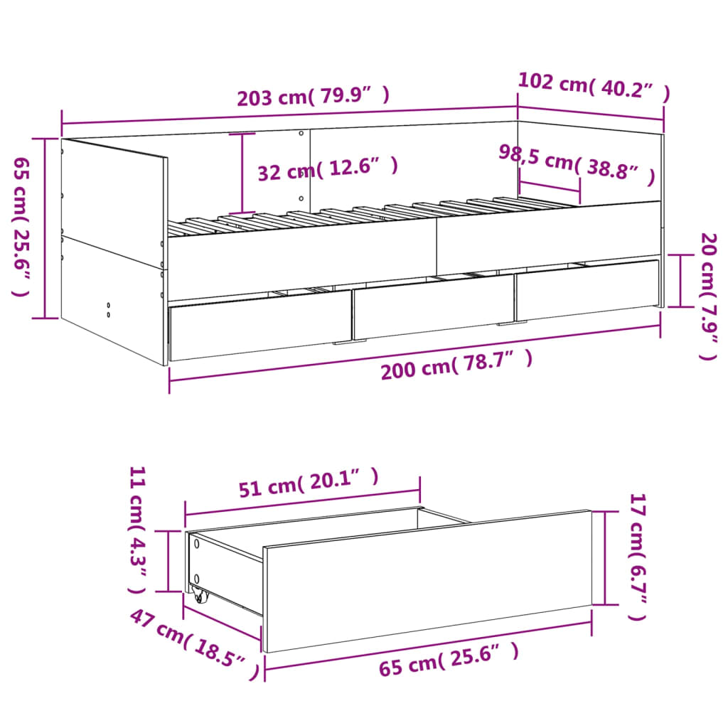 Daybed With Drawers Smoked Oak 100X200 Cm Engineered Wood