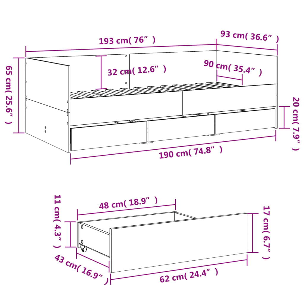 Daybed With Drawers Sonoma Oak 90X190 Cm Engineered Wood