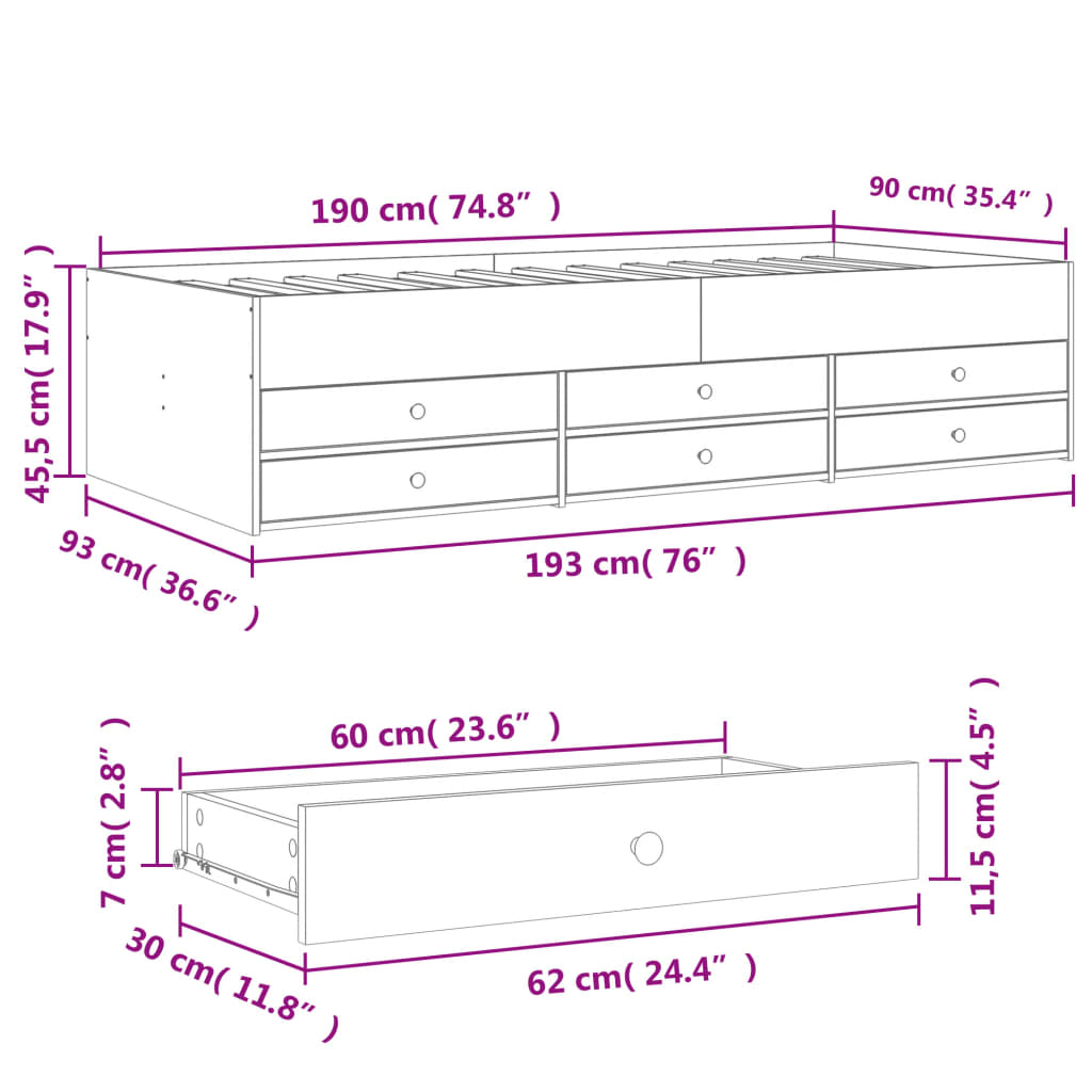 Daybed With Drawers Smoked Oak 90X190 Cm Engineered Wood