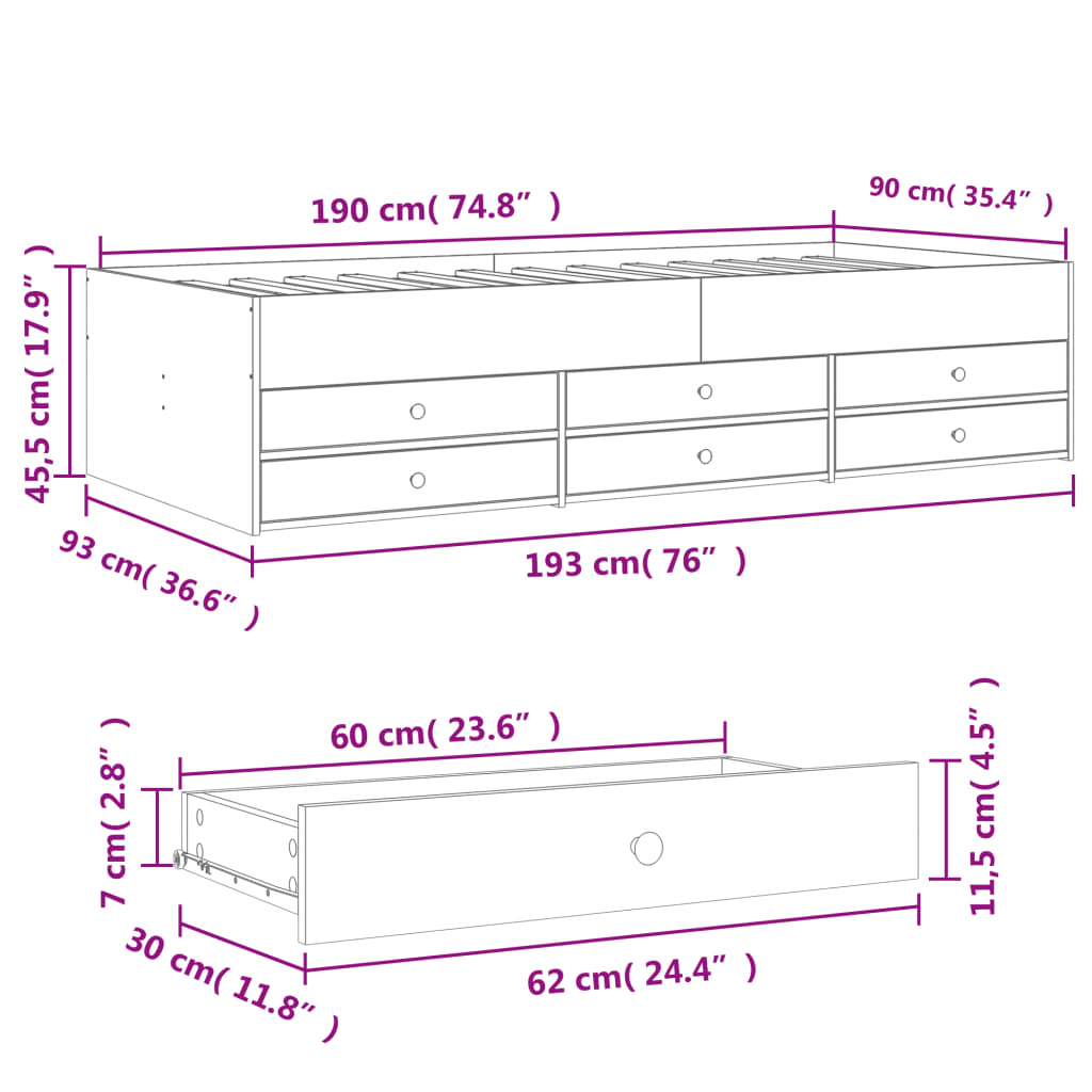 Daybed With Drawers Grey Sonoma 90X190 Cm Engineered Wood