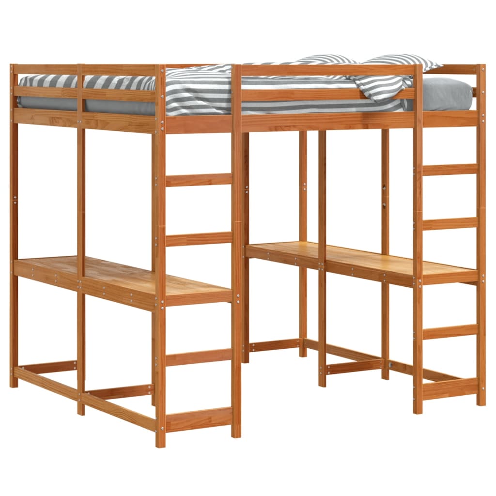 Loft Bed With Desk And Ladder Wax Brown 180X200 Cm Super King Solid Wood Pine