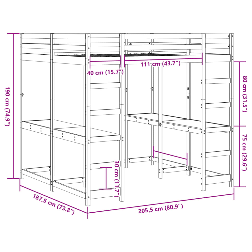 Loft Bed With Desk And Ladder Wax Brown 180X200 Cm Super King Solid Wood Pine