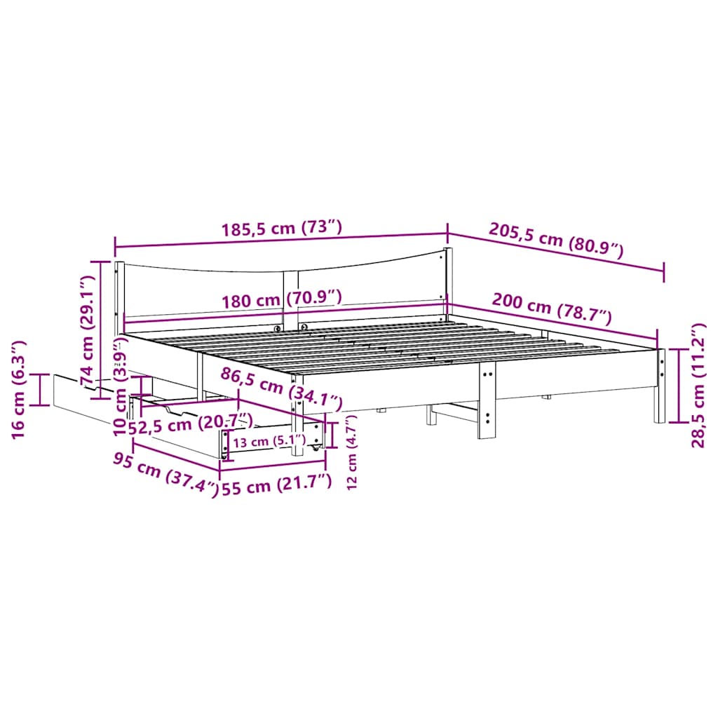 Bed Frame With Drawers 180X200 Cm Super King Solid Wood Pine