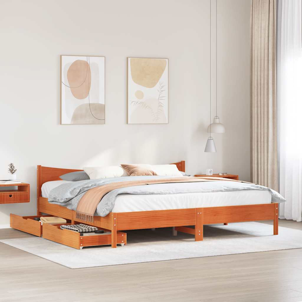 Bed Frame With Drawers Wax Brown 180X200 Cm Super King Solid Wood Pine