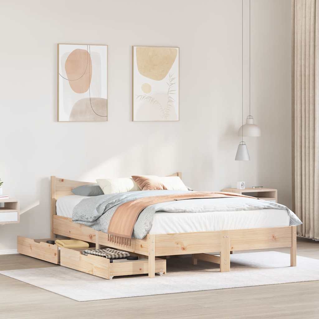 Bed Frame With Drawers 150X200 Cm King Size Solid Wood Pine