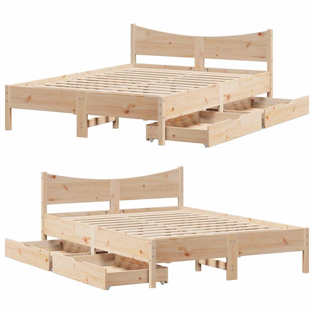 Bed Frame With Drawers 150X200 Cm King Size Solid Wood Pine