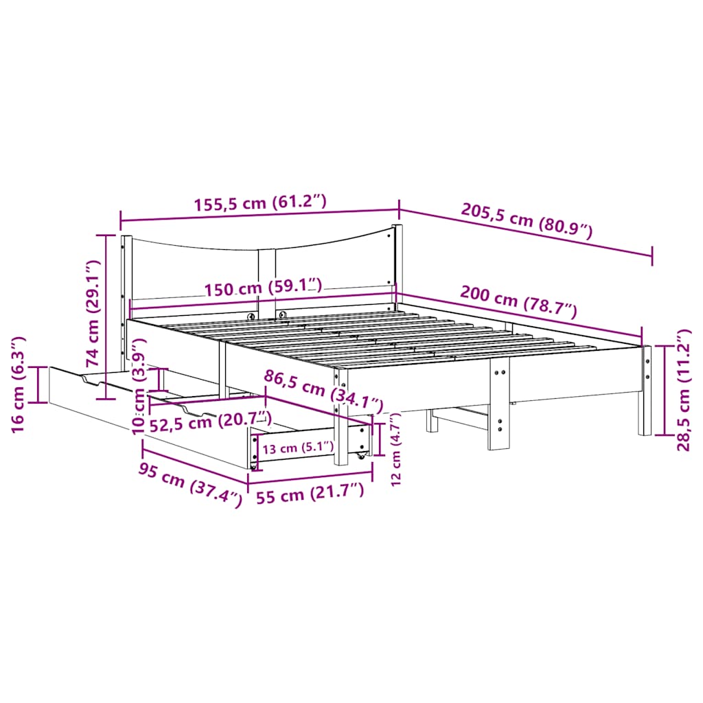 Bed Frame With Drawers 150X200 Cm King Size Solid Wood Pine