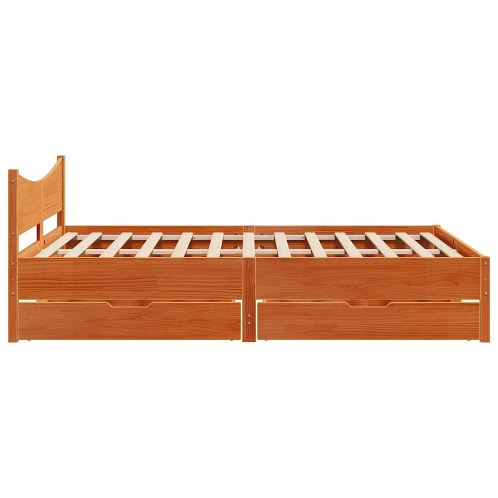 Bed Frame With Drawers Wax Brown 150X200 Cm King Size Solid Wood Pine