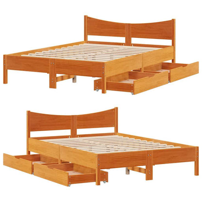 Bed Frame With Drawers Wax Brown 150X200 Cm King Size Solid Wood Pine