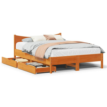 Bed Frame With Drawers Wax Brown 150X200 Cm King Size Solid Wood Pine