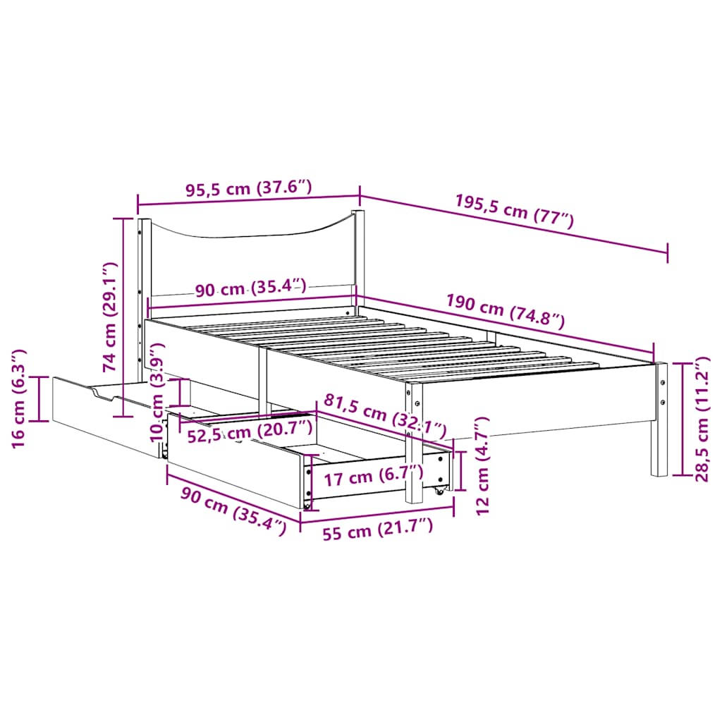 Bed Frame With Drawers 90X190 Cm Single Solid Wood Pine