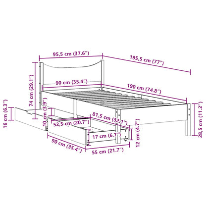 Bed Frame With Drawers 90X190 Cm Single Solid Wood Pine