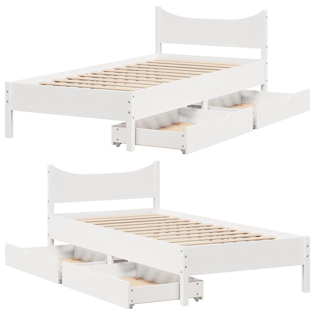 Bed Frame With Drawers White 90X190 Cm Single Solid Wood Pine