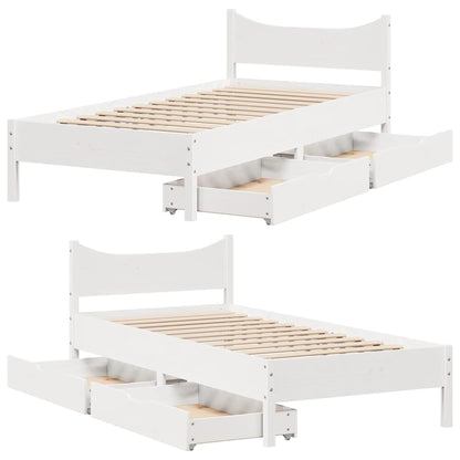 Bed Frame With Drawers White 90X190 Cm Single Solid Wood Pine