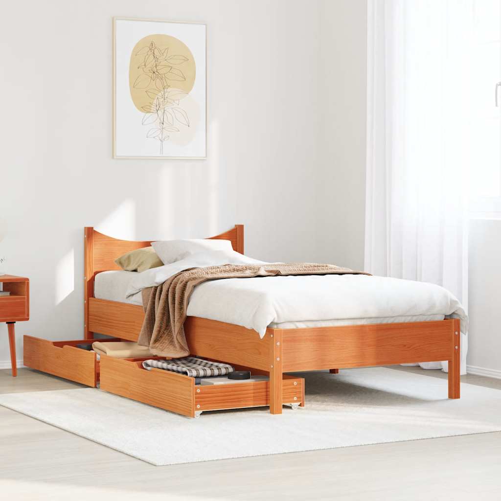 Bed Frame With Drawers Wax Brown 90X190 Cm Single Solid Wood Pine