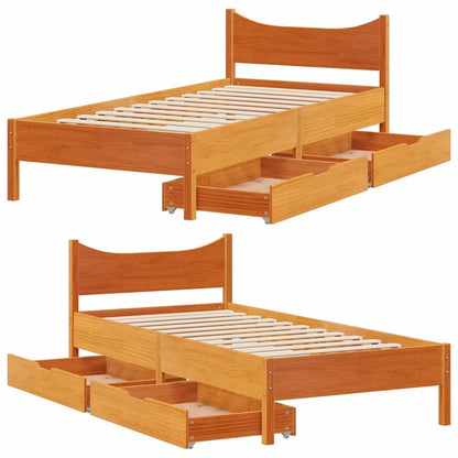 Bed Frame With Drawers Wax Brown 90X190 Cm Single Solid Wood Pine