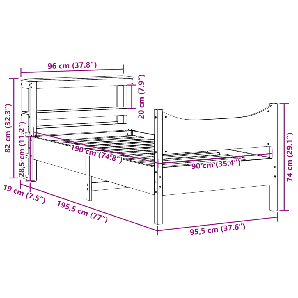 Bed Frame With Headboard 90X190 Cm Single Solid Wood Pine