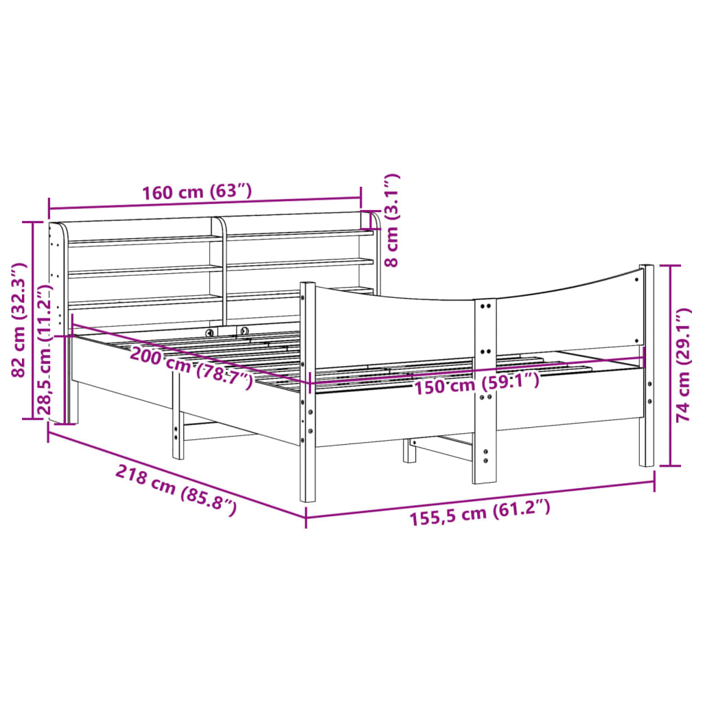 Bed Frame With Headboard 150X200 Cm King Size Solid Wood Pine