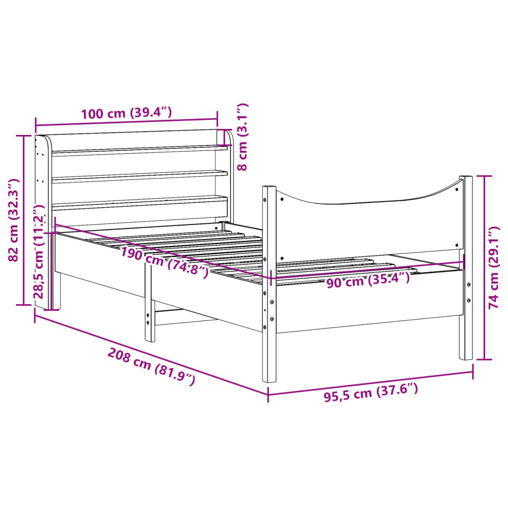 Bed Frame With Headboard 90X190 Cm Single Solid Wood Pine