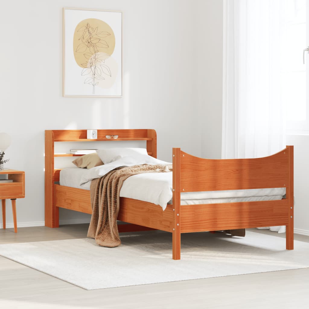 Bed Frame With Headboard Wax Brown 90X190 Cm Single Solid Wood Pine