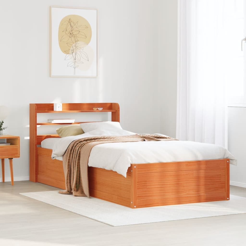 Bed Frame With Headboard Wax Brown 90X190 Cm Single Solid Wood Pine