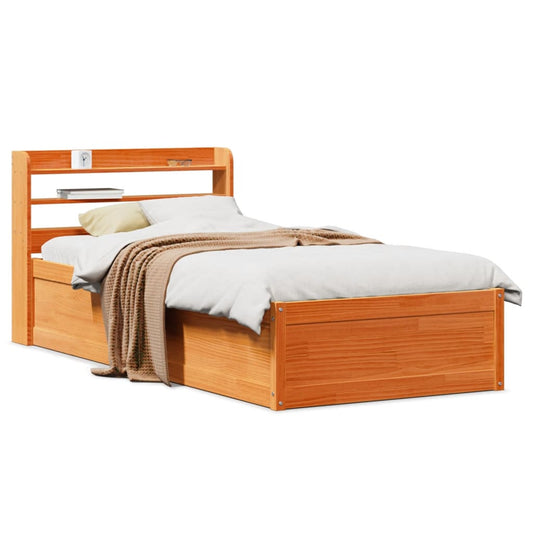 Bed Frame With Headboard Wax Brown 90X190 Cm Single Solid Wood Pine