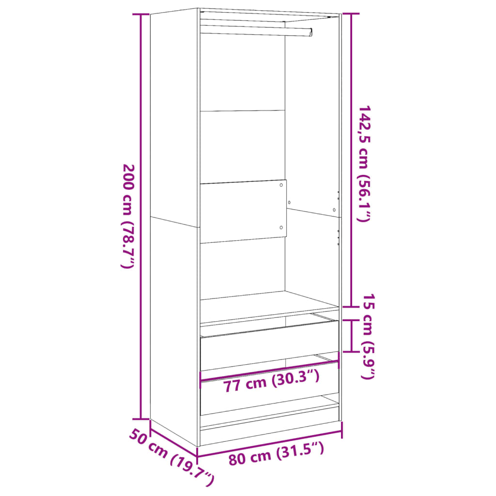 Wardrobe Black 80X50X200 Cm Engineered Wood