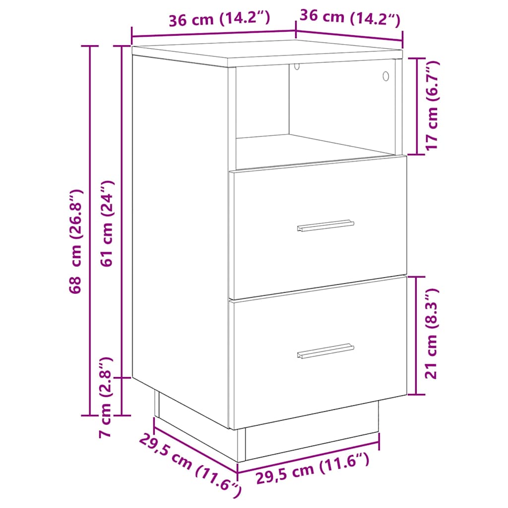 Bedside Cabinet With 2 Drawers Black 36X36X68 Cm