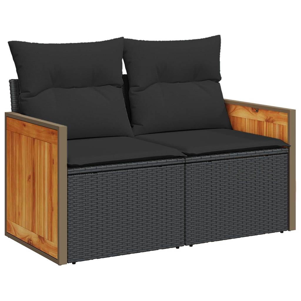 7 Piece Garden Sofa Set With Cushions Black Poly Rattan Acacia