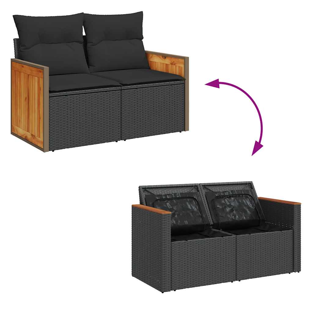 7 Piece Garden Sofa Set With Cushions Black Poly Rattan Acacia