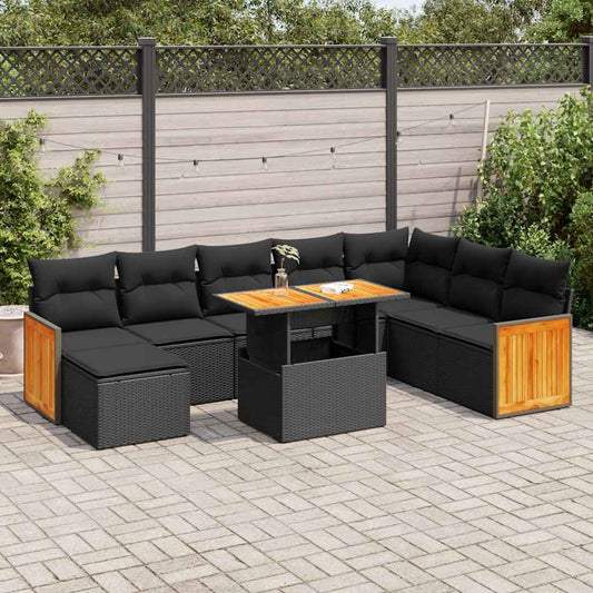 7 Piece Garden Sofa Set With Cushions Black Poly Rattan Acacia