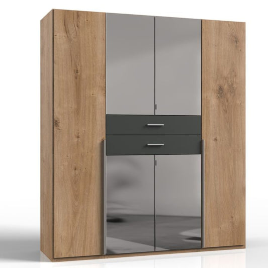 Modern 4 Door Wardrobe with Mirrored Fronts | Planked Oak & Graphite Finish | Ample Storage Solution