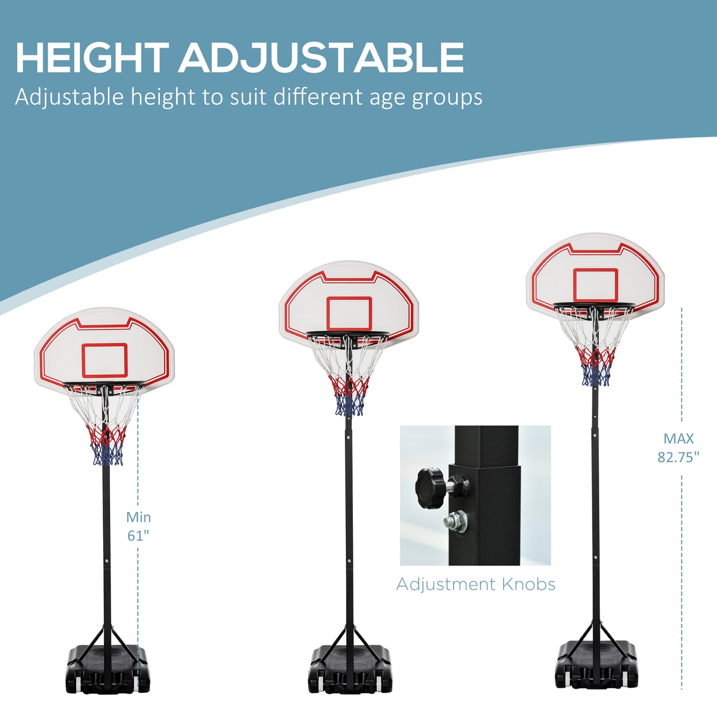 HOMCOM ortable Basketball Hoop Stand Freestanding Sports System Adjustable Height 1.55-2.1M on Wheels for Teenagers Adults, White