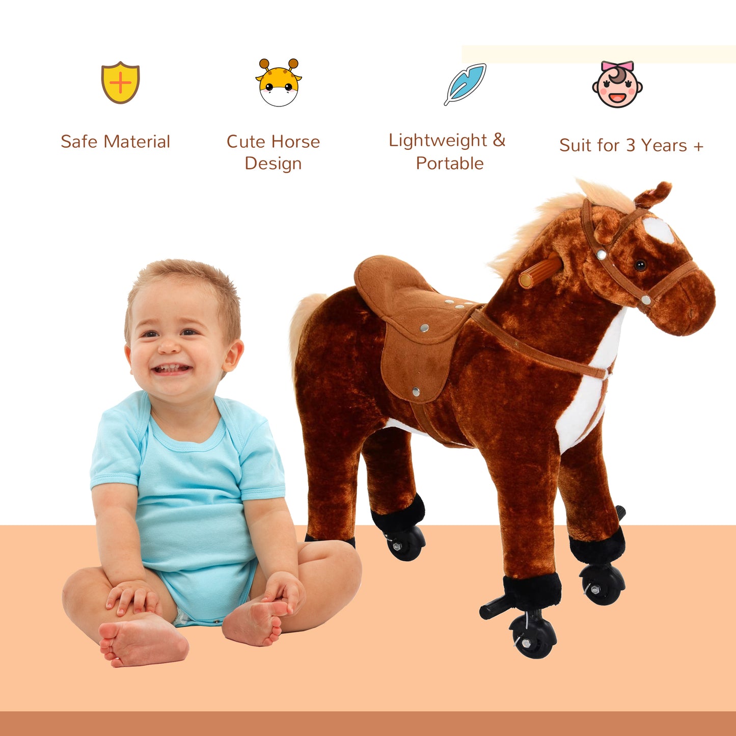 HOMCOM lush Walking Horse Ride On Toy with Wheels and Realistic Sounds Rocking Horse for Girls Boys 3+ Years Old, 50cm Tall, Brown